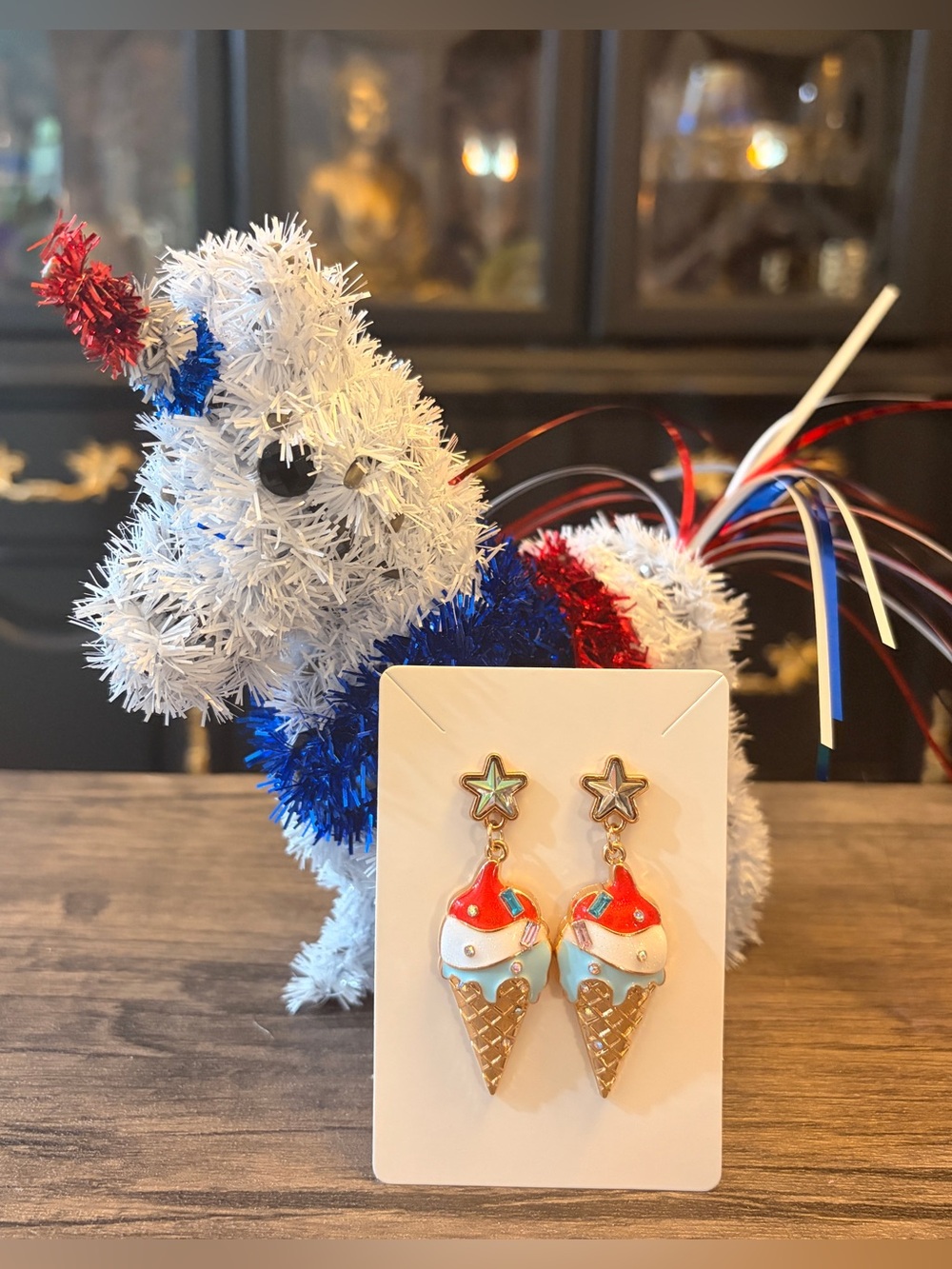 Ice Cream Cone Dangle Earrings - Red, White & Blue